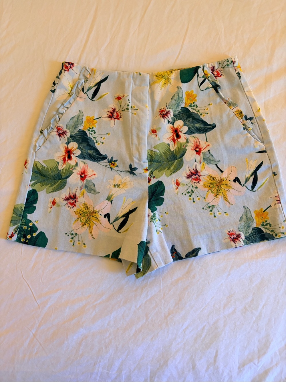 Zara High-Waist Floral Print Light Blue Shorts